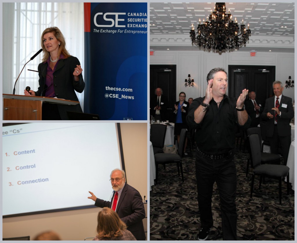 Taylor Thoen of BTV (top left); Tony Herrling of Brainerd Communications (bottom left) and Marc Gordon of Fourword Marketing (right) at CSE Day events in Vancouver, New York and Toronto